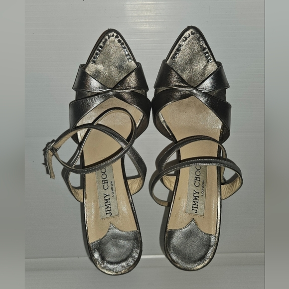 Jimmy Choo London Gray Silver Leather & Satin Crystal Evening Sandals Sz 37 - Picture 1 of 9